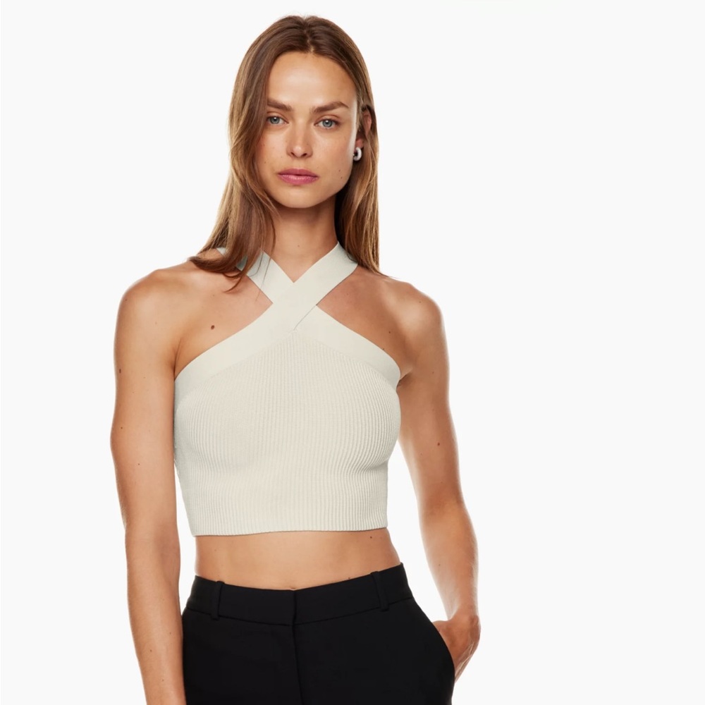 Aritzia Cream Ribbed Cross-Neck Crop Top